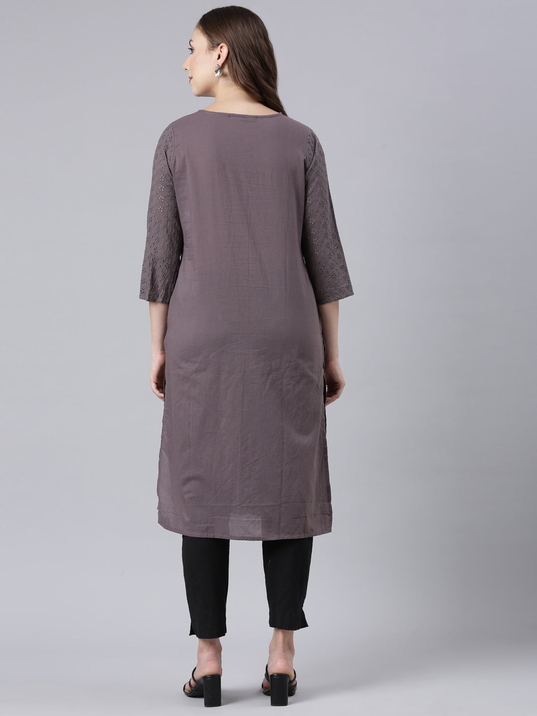 Neerus Black cotton printed floral straight kurta - detail view 1