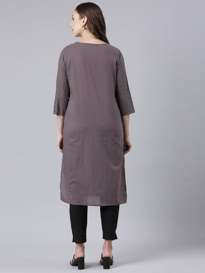 Neerus Black cotton printed floral straight kurta - detail view 1
