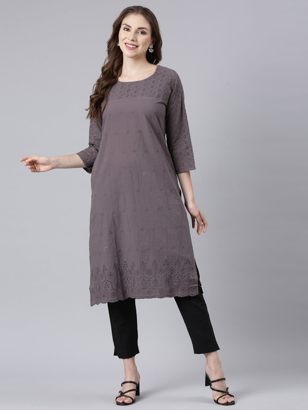 Neerus Black cotton printed floral straight kurta - detail view 3