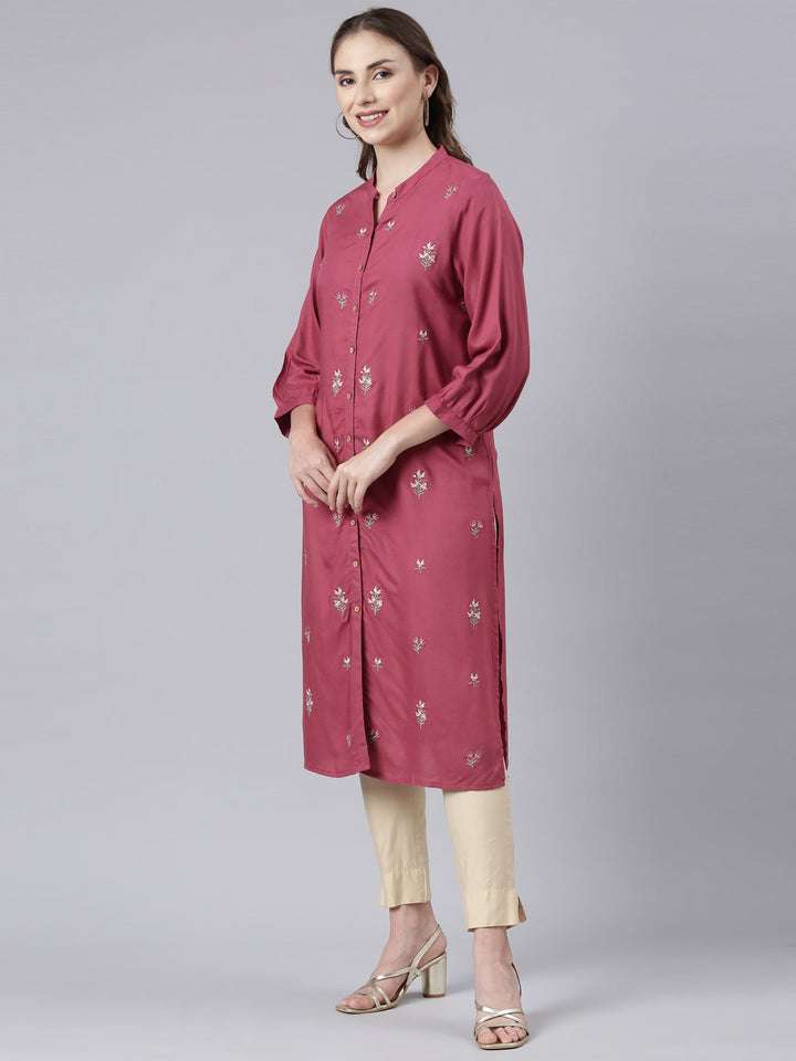 Neerus Pink rayon printed floral straight kurta - back view