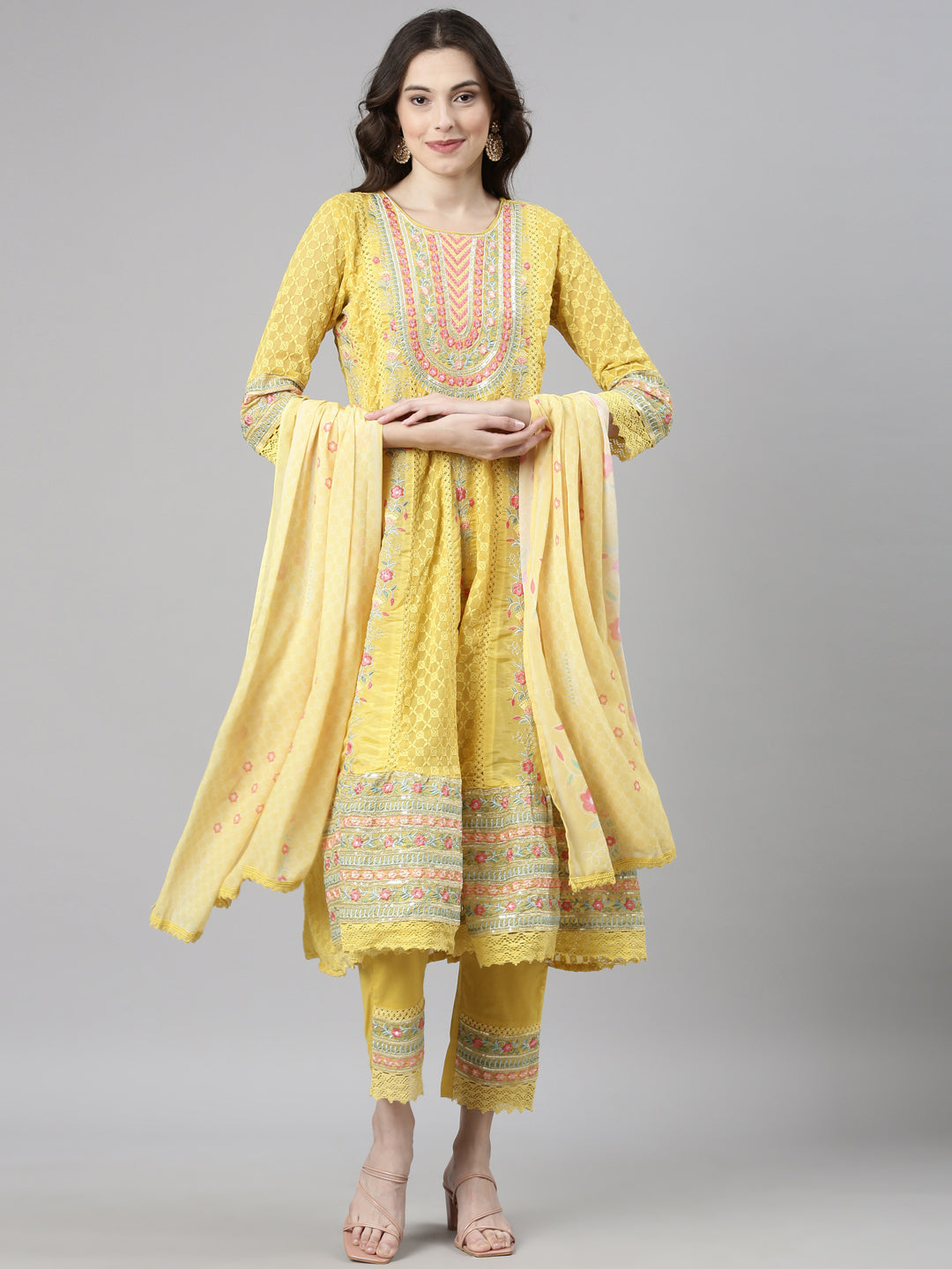 Neerus Yellow Chikankari Anarkali Suit Set - front view