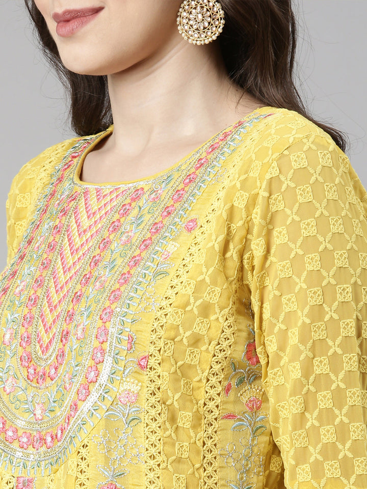 Neerus Yellow Chikankari Anarkali Suit Set - detail view 2