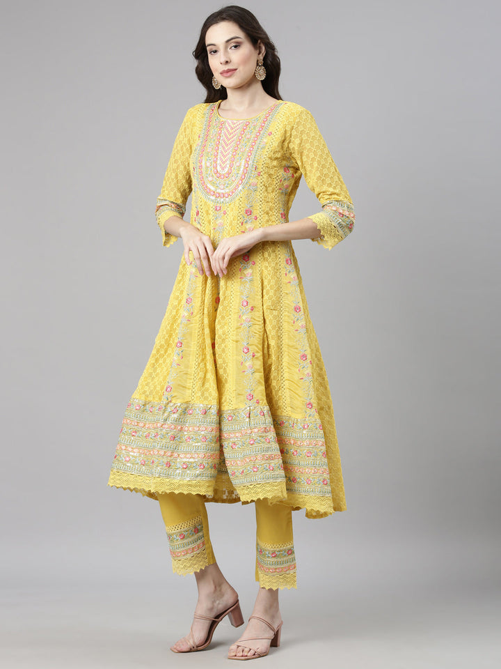Neerus Yellow Chikankari Anarkali Suit Set - back view