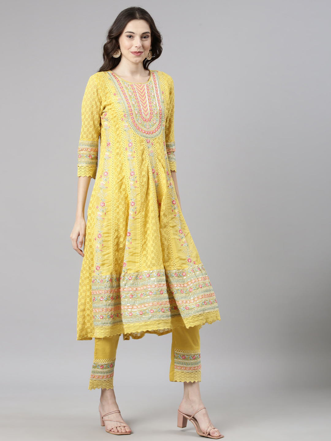 Neerus Yellow Chikankari Anarkali Suit Set - side view