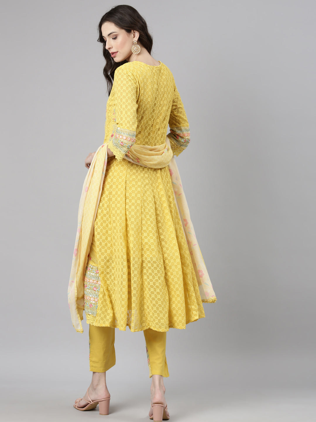 Neerus Yellow Chikankari Anarkali Suit Set - detail view 1