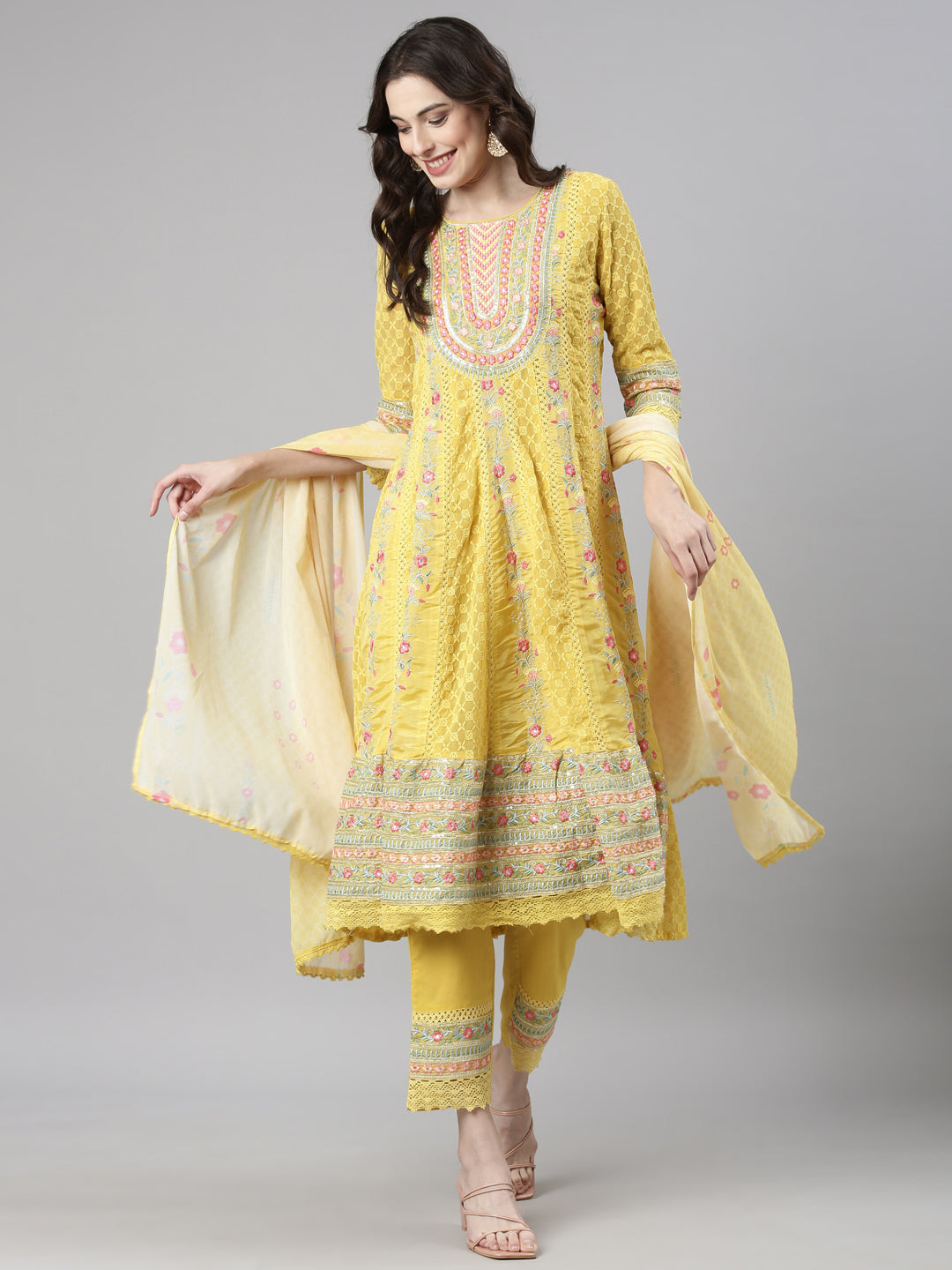 Neerus Yellow Chikankari Anarkali Suit Set - detail view 3