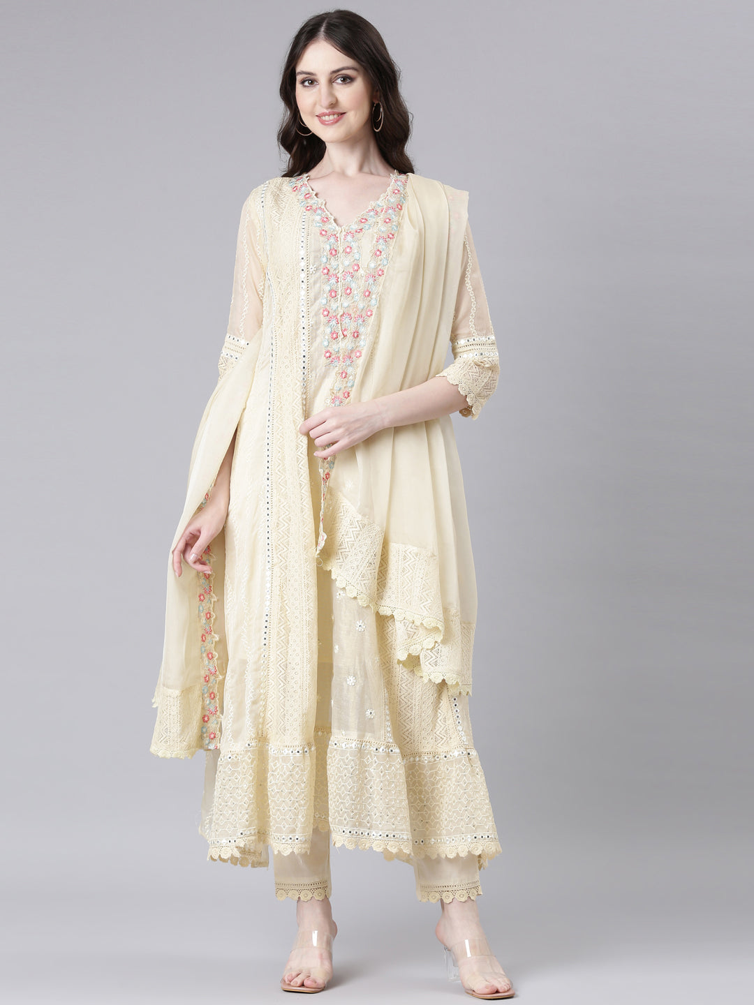 Neerus Beige cotton solid anarkali suit set - front view