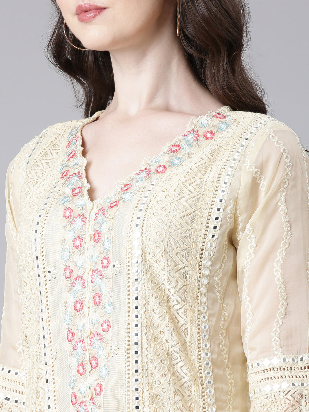 Neerus Beige cotton solid anarkali suit set - detail view 1