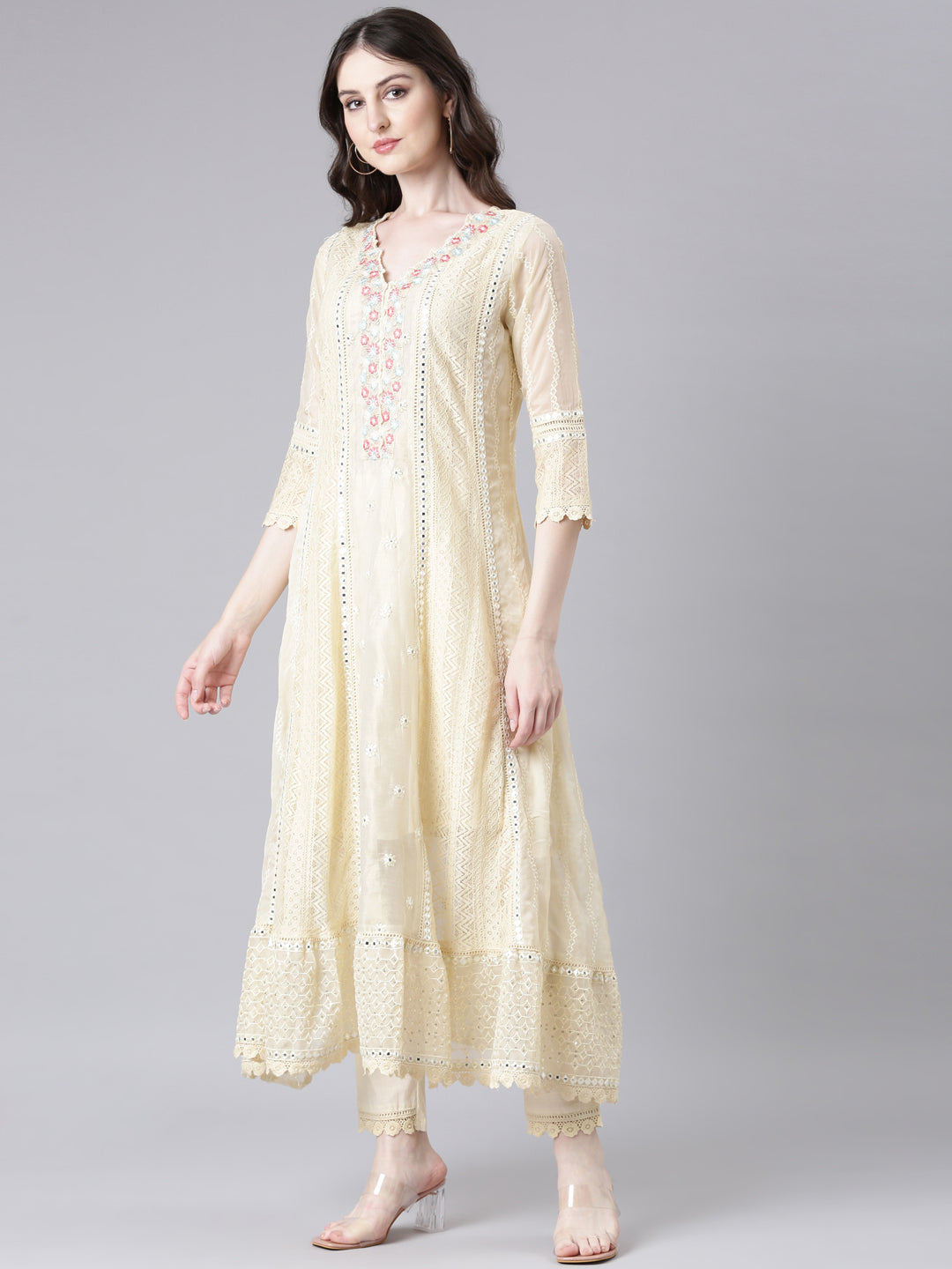 Neerus Beige cotton solid anarkali suit set - back view