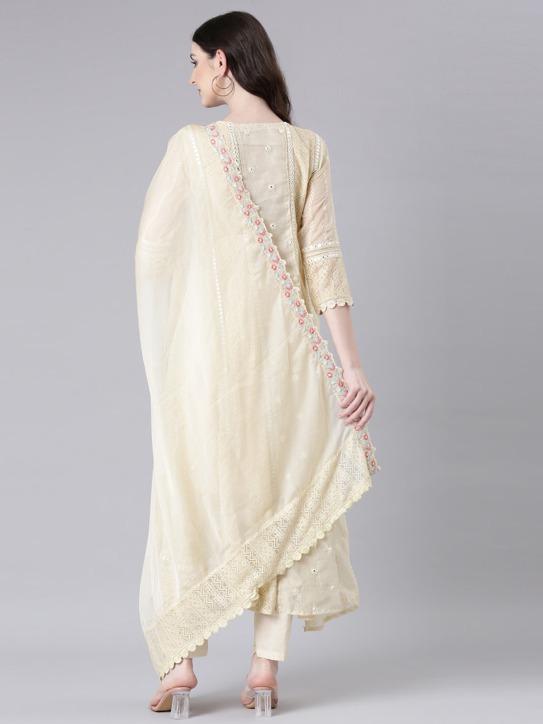 Neerus Beige cotton solid anarkali suit set - side view