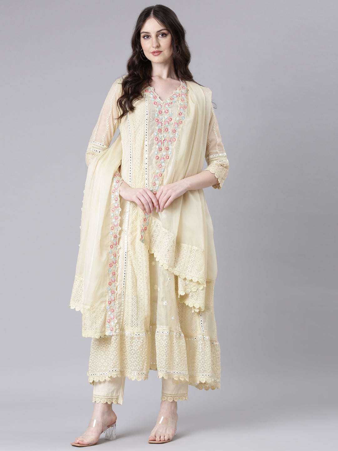 Neerus Beige cotton solid anarkali suit set - detail view 2