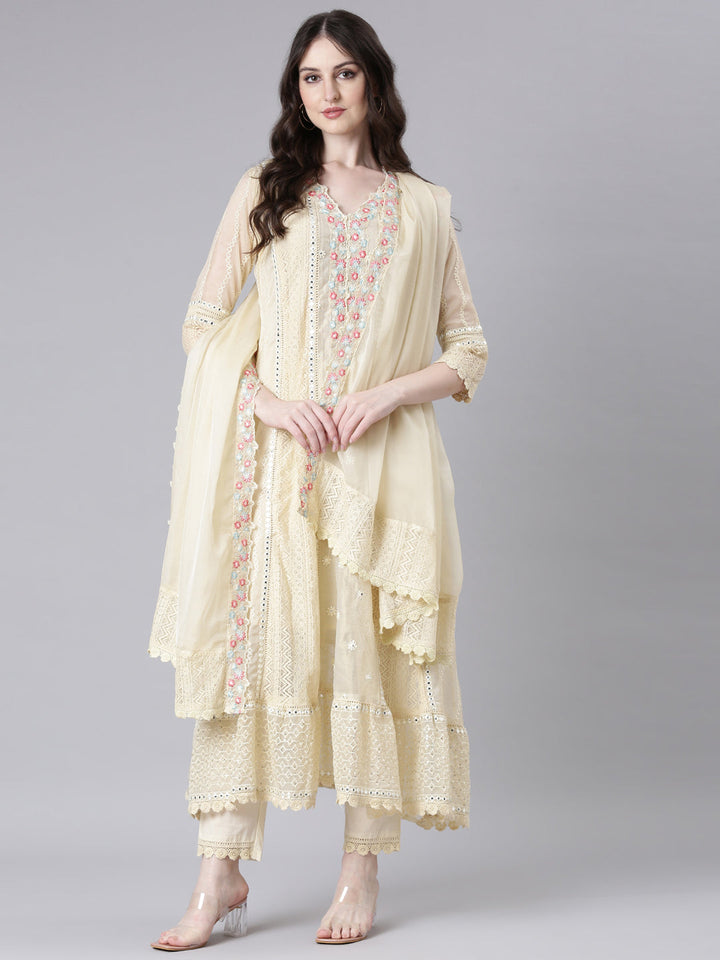 Neerus Beige cotton solid anarkali suit set - detail view 2