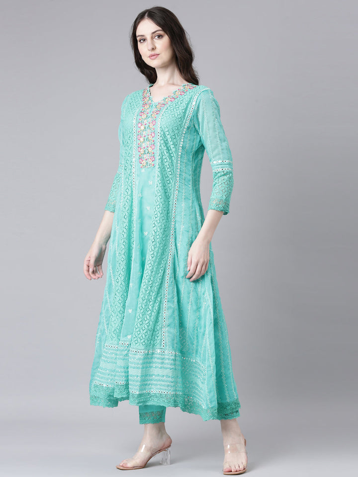 Neerus Green Anarkali Kurta and Trousers With Dupatta
