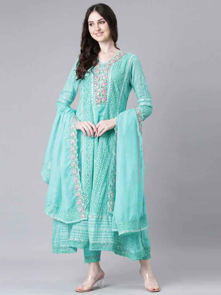 Neerus Green Anarkali Kurta and Trousers With Dupatta