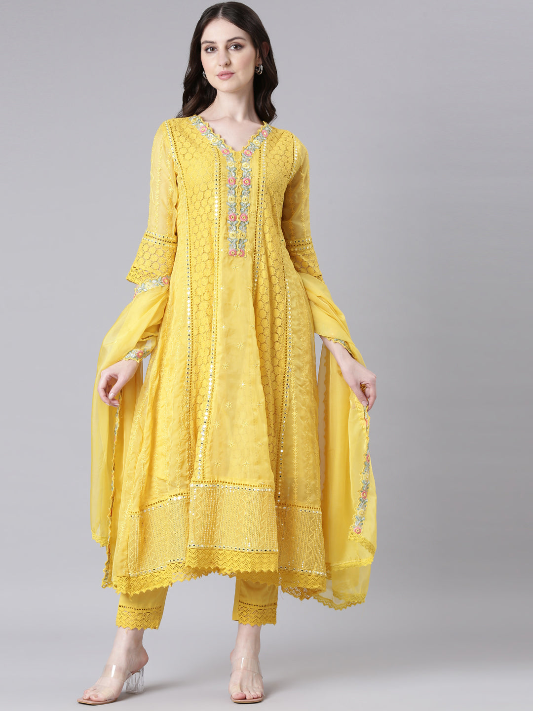 Neerus Yellow organza anarkali suit set - front view
