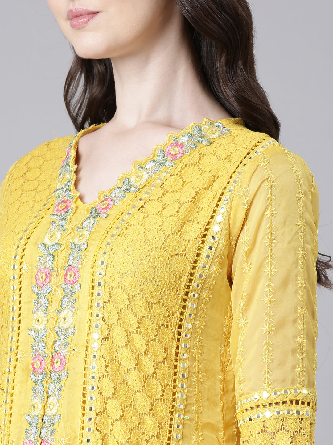 Neerus Yellow organza anarkali suit set - detail view 1