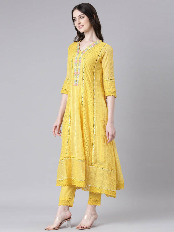 Neerus Yellow organza anarkali suit set - back view