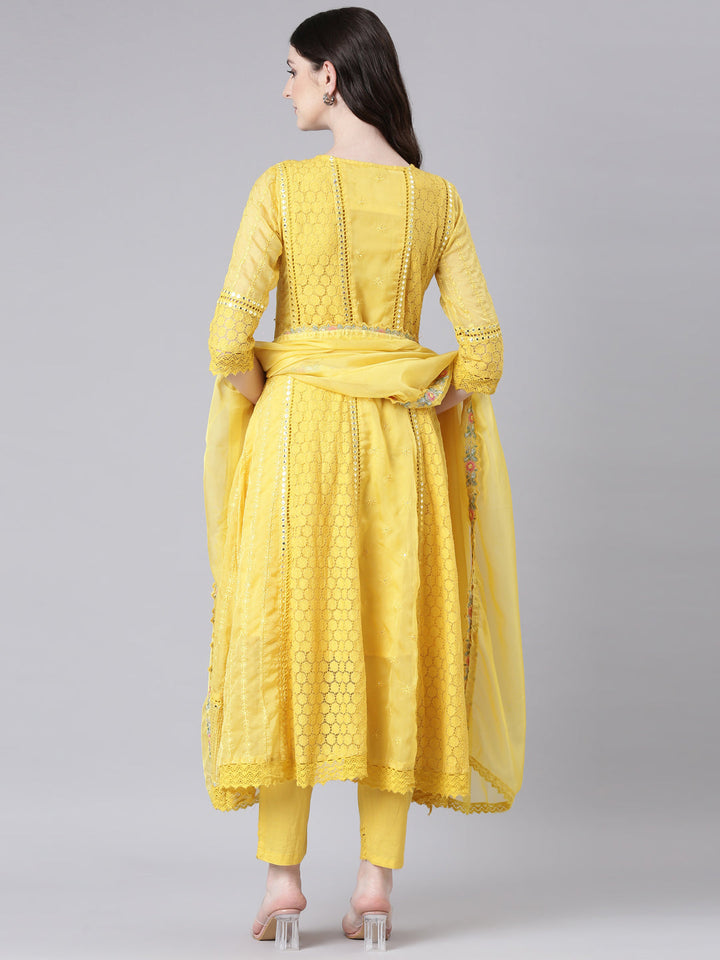 Neerus Yellow organza anarkali suit set - side view