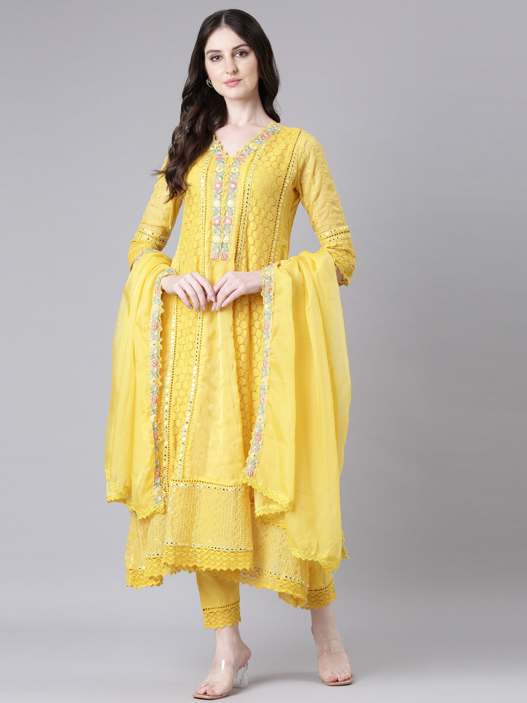 Neerus Yellow organza anarkali suit set - detail view 2