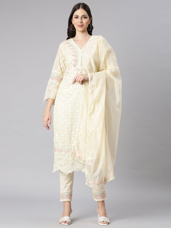 Neerus Cream Self Design Straight Kurta and Trousers With Dupatta