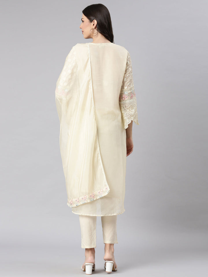 Neerus Cream Self Design Straight Kurta and Trousers With Dupatta