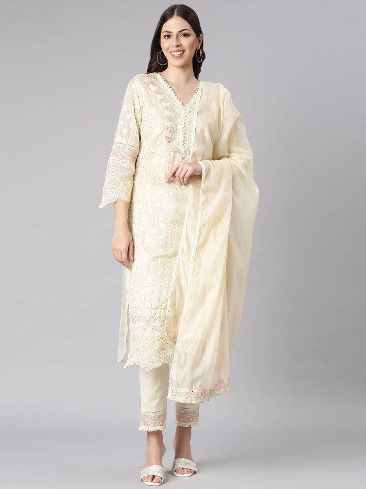 Neerus Cream Self Design Straight Kurta and Trousers With Dupatta