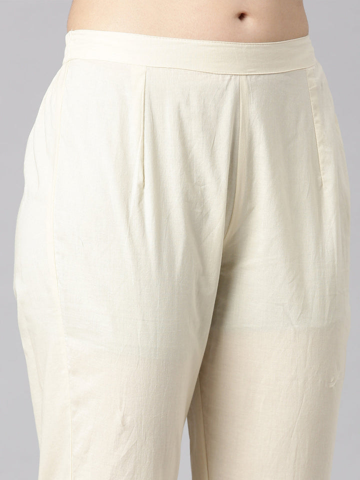 Neerus Cream Self Design Straight Kurta and Trousers With Dupatta