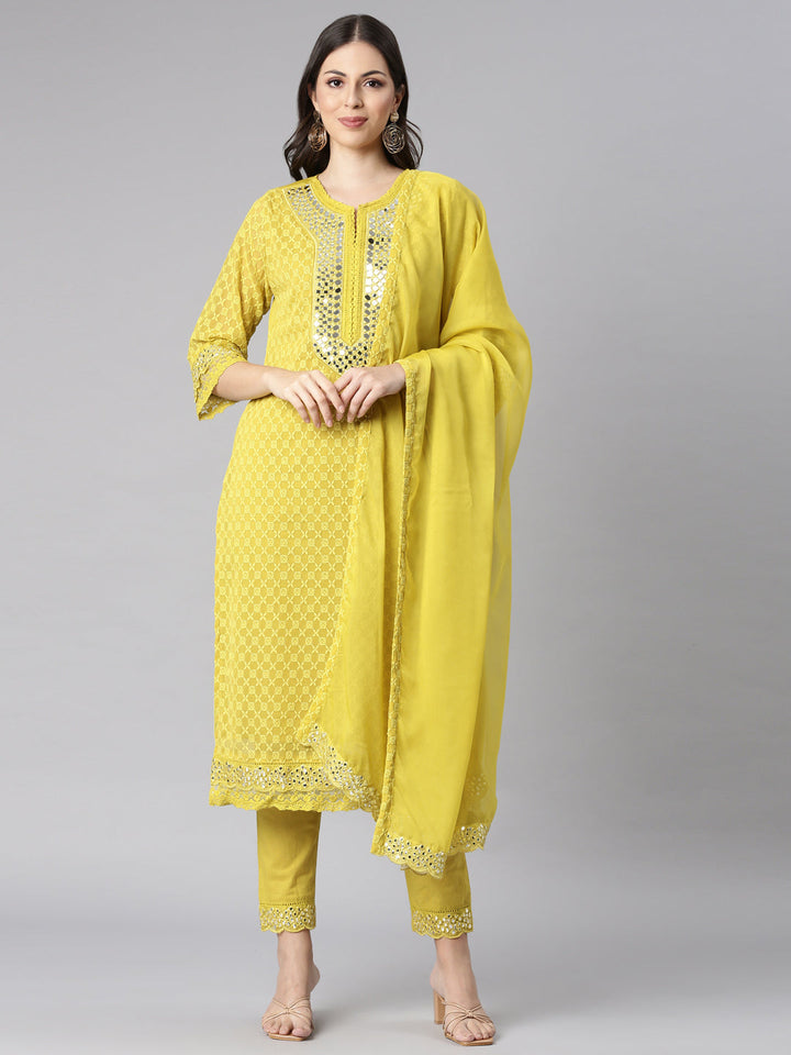 Neerus Green Embroidered Straight Kurta and Trousers With Dupatta