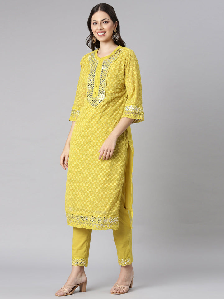 Neerus Green Embroidered Straight Kurta and Trousers With Dupatta
