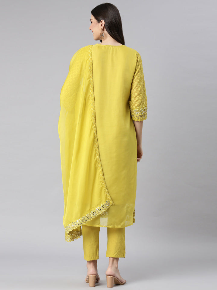 Neerus Green Embroidered Straight Kurta and Trousers With Dupatta