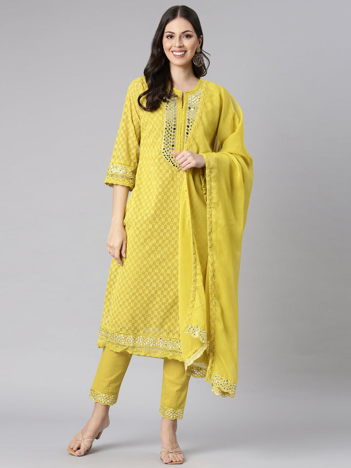 Neerus Green Embroidered Straight Kurta and Trousers With Dupatta