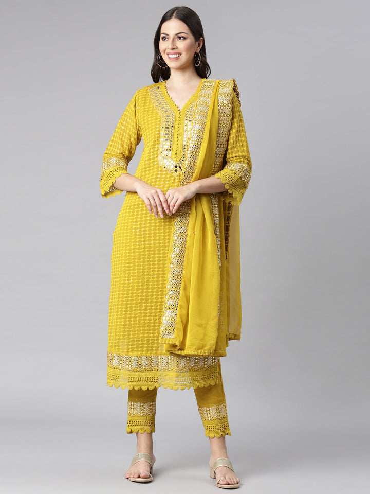 Neerus Green Solid Straight Kurta and Trousers With Dupatta
