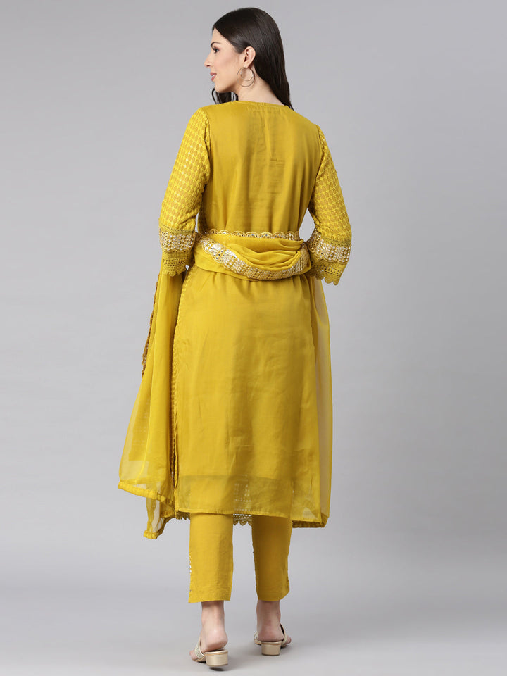 Neerus Green Solid Straight Kurta and Trousers With Dupatta