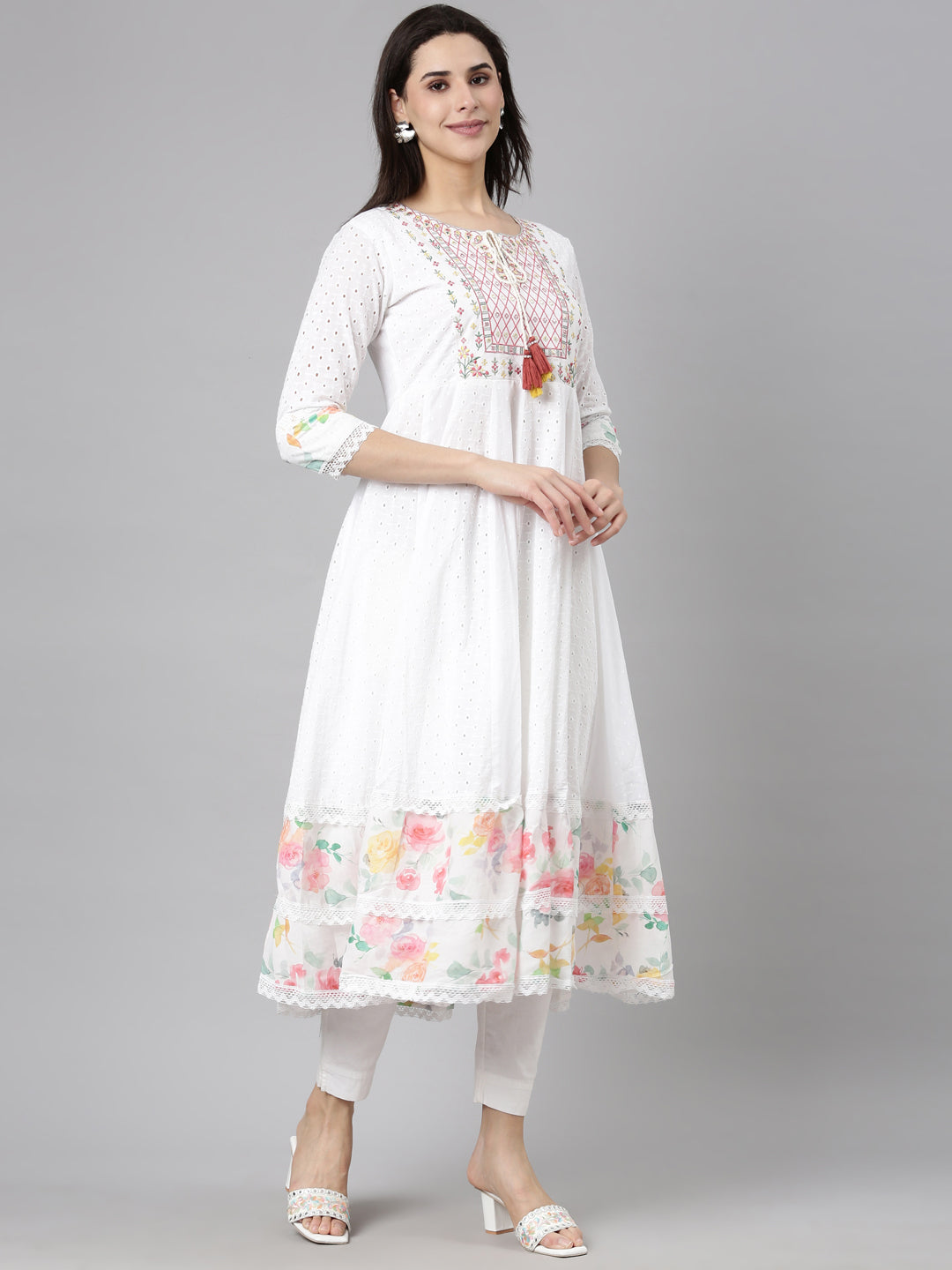Neerus Pink floral printed anarkali kurti - back view