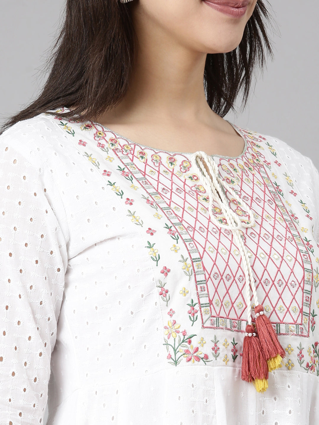 Neerus Pink floral printed anarkali kurti - detail view 1