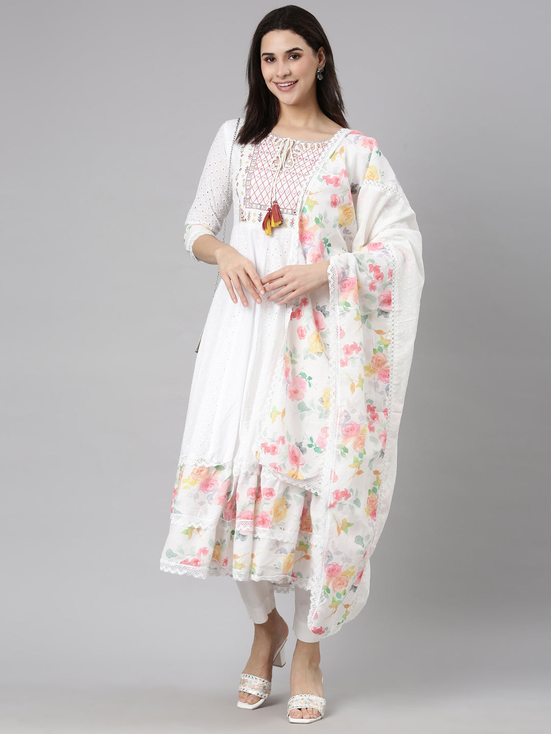 Neerus Pink floral printed anarkali kurti - detail view 2