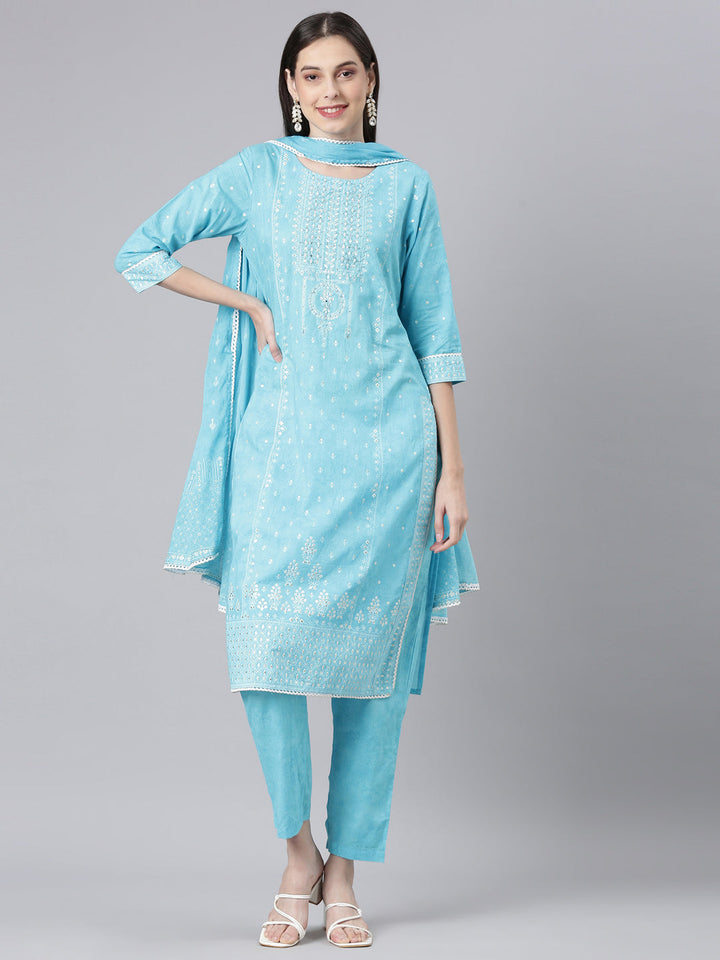 Neerus Blue Printed Straight Kurta and Trousers With Dupatta