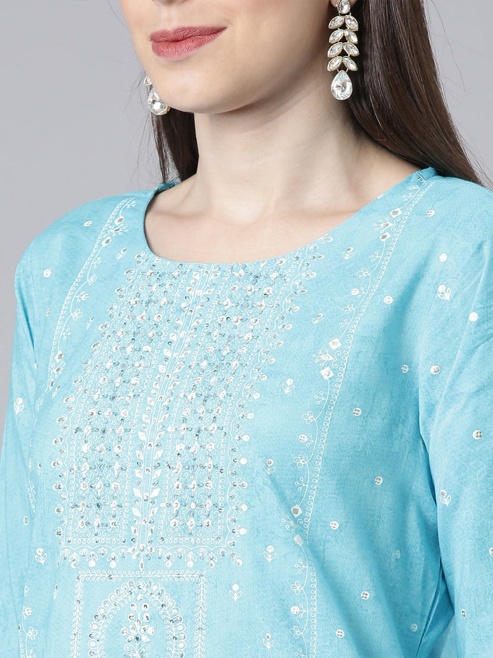 Neerus Blue Printed Straight Kurta and Trousers With Dupatta