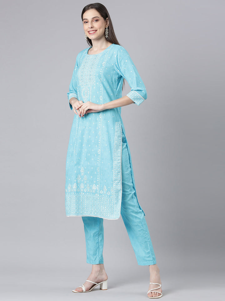 Neerus Blue Printed Straight Kurta and Trousers With Dupatta