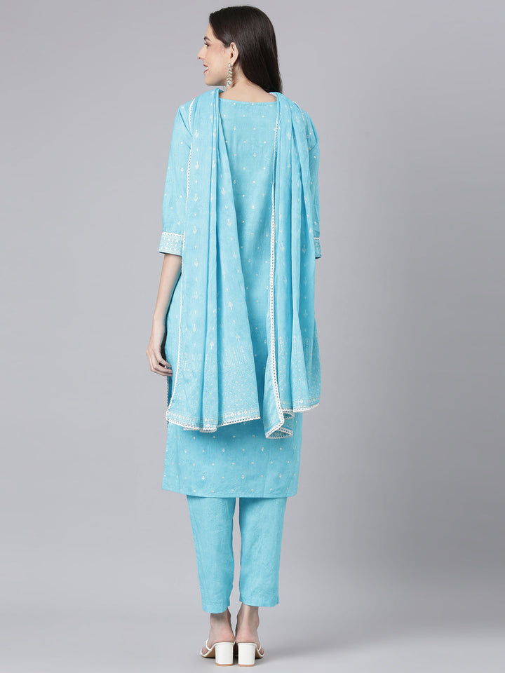 Neerus Blue Printed Straight Kurta and Trousers With Dupatta