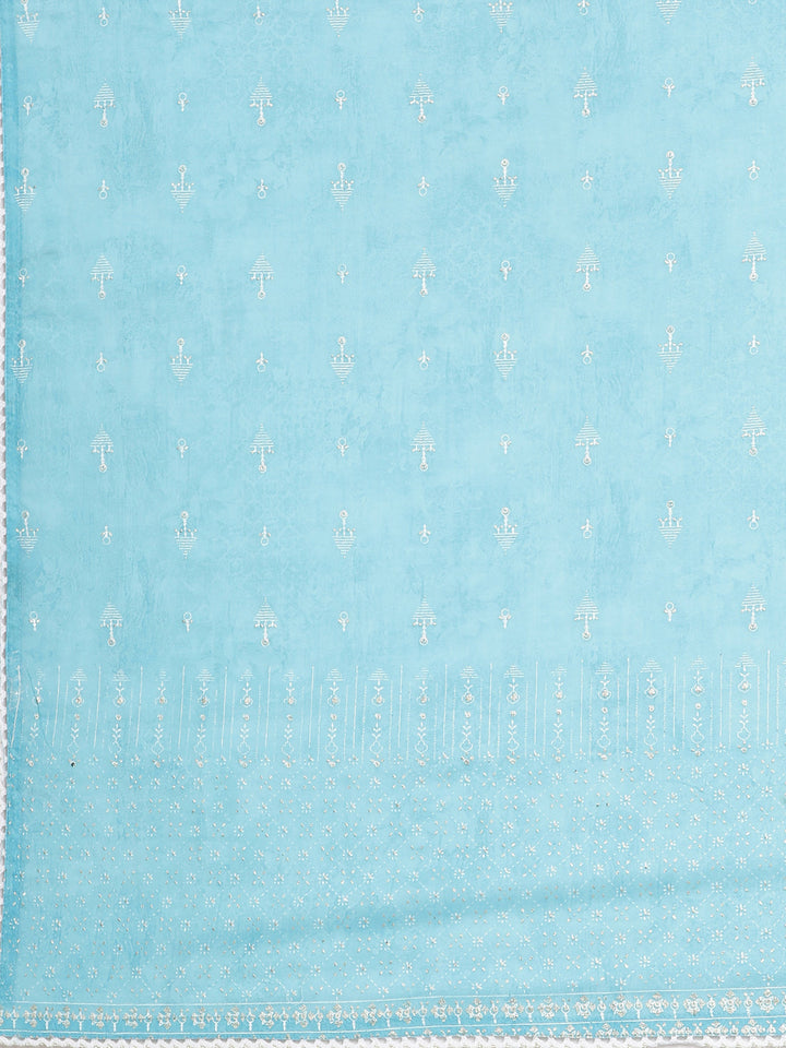 Neerus Blue Printed Straight Kurta and Trousers With Dupatta