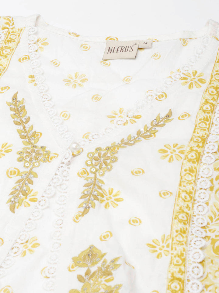 Neerus Yellow cotton printed floral straight kurta - detail view 4
