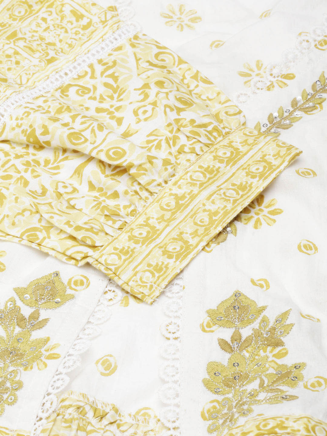 Neerus Yellow cotton printed floral straight kurta - detail view 5