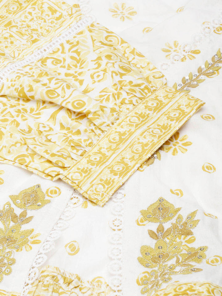 Neerus Yellow cotton printed floral straight kurta - detail view 5