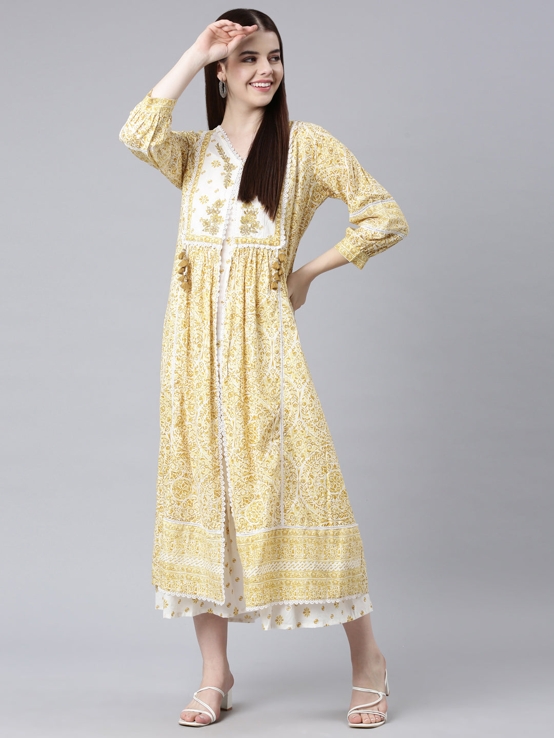 Neerus Yellow cotton printed floral straight kurta - detail view 6