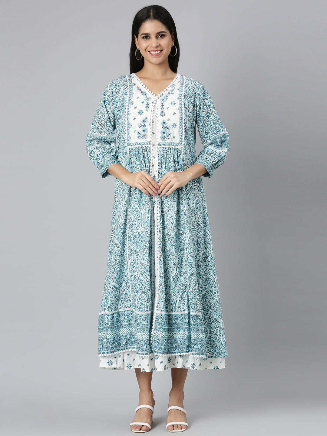 Neerus Blue cotton printed floral straight kurta - front view