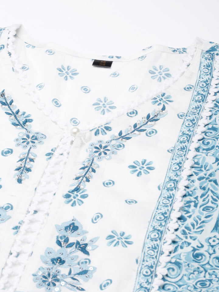 Neerus Blue cotton printed floral straight kurta - detail view 4