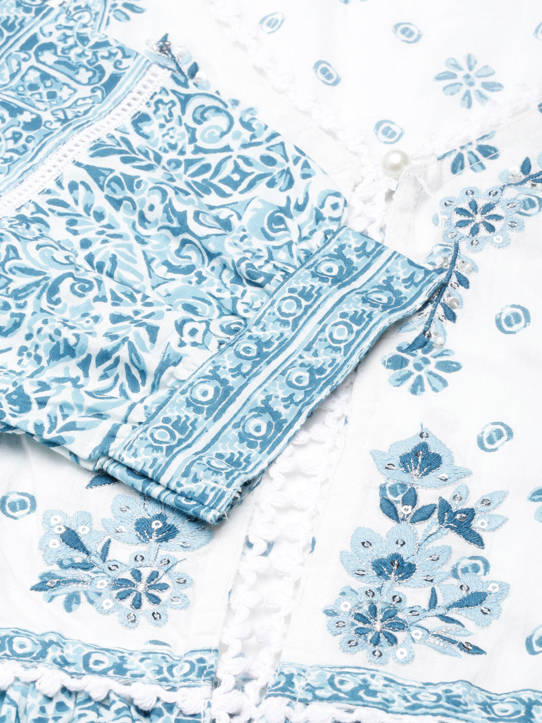 Neerus Blue cotton printed floral straight kurta - detail view 5