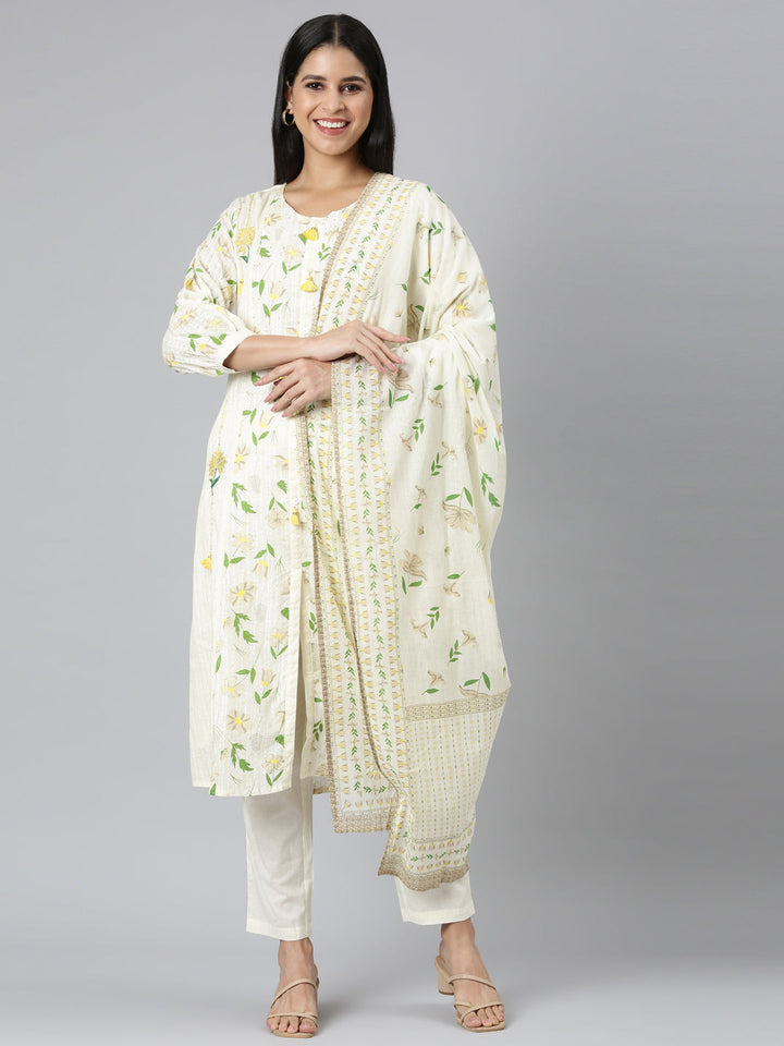 Neerus White printed straight suit set - front view