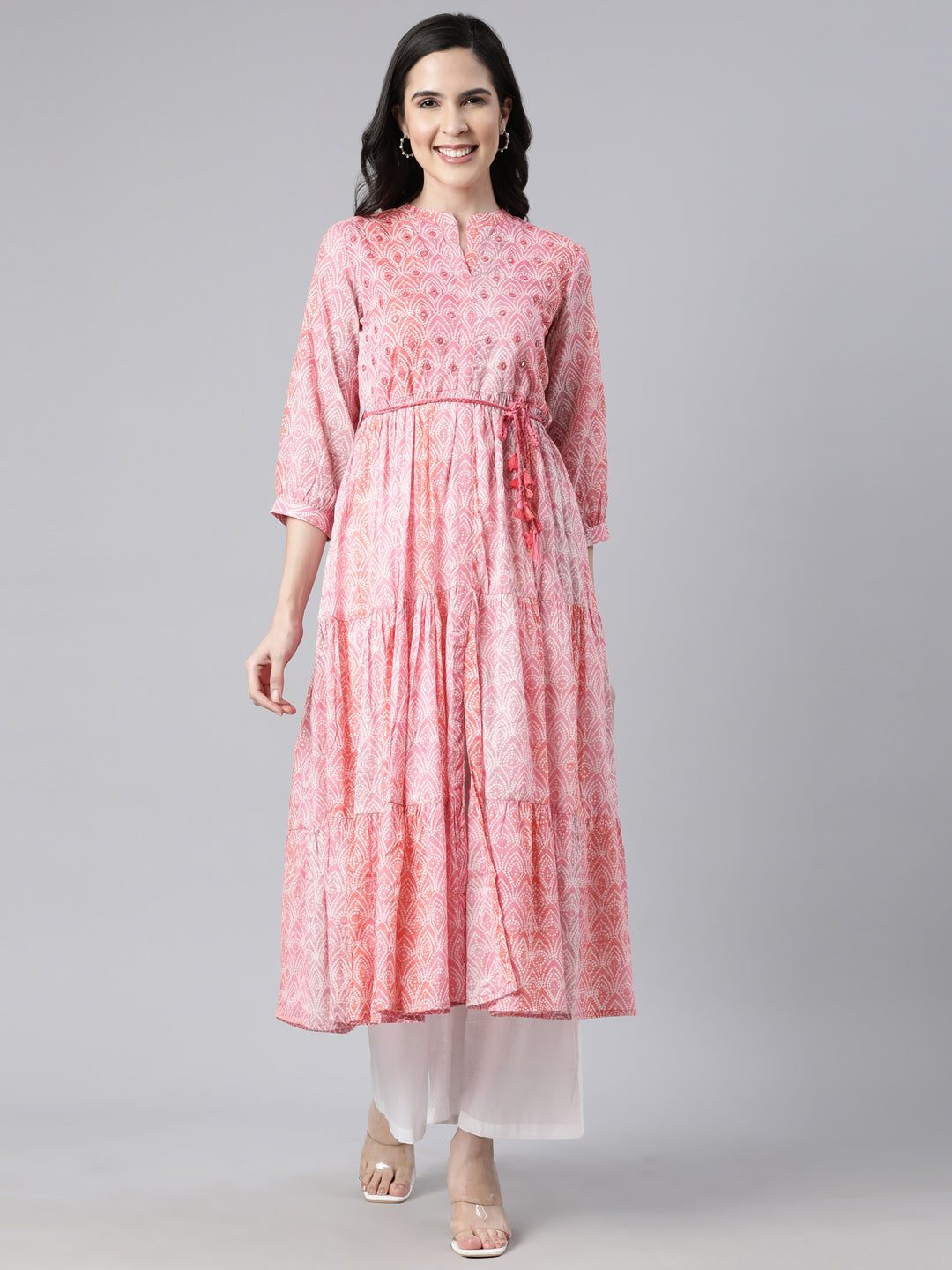 Neerus Pink cotton printed maxi dress - front view